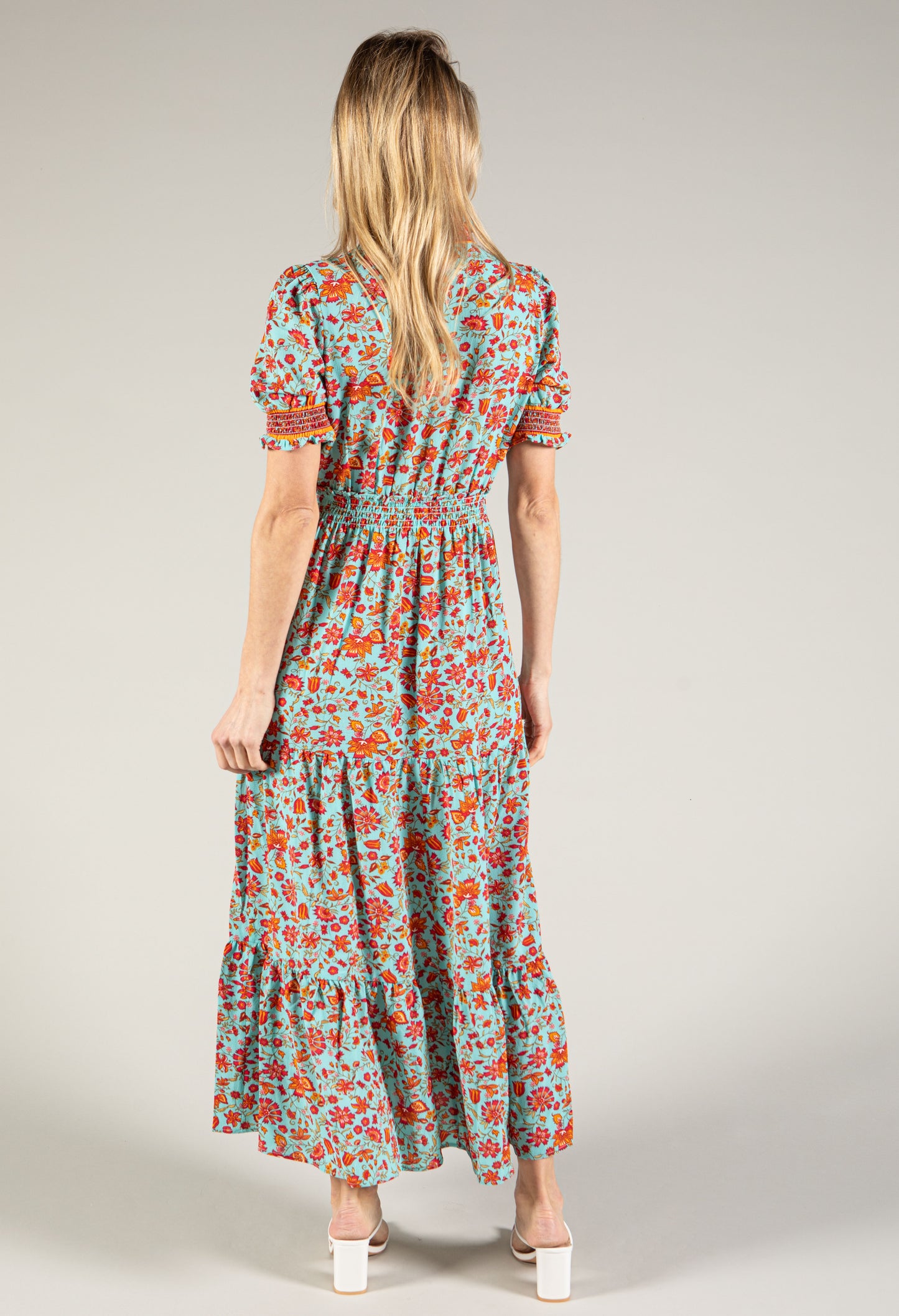 Ruffle Neckline Floral Maxi Dress