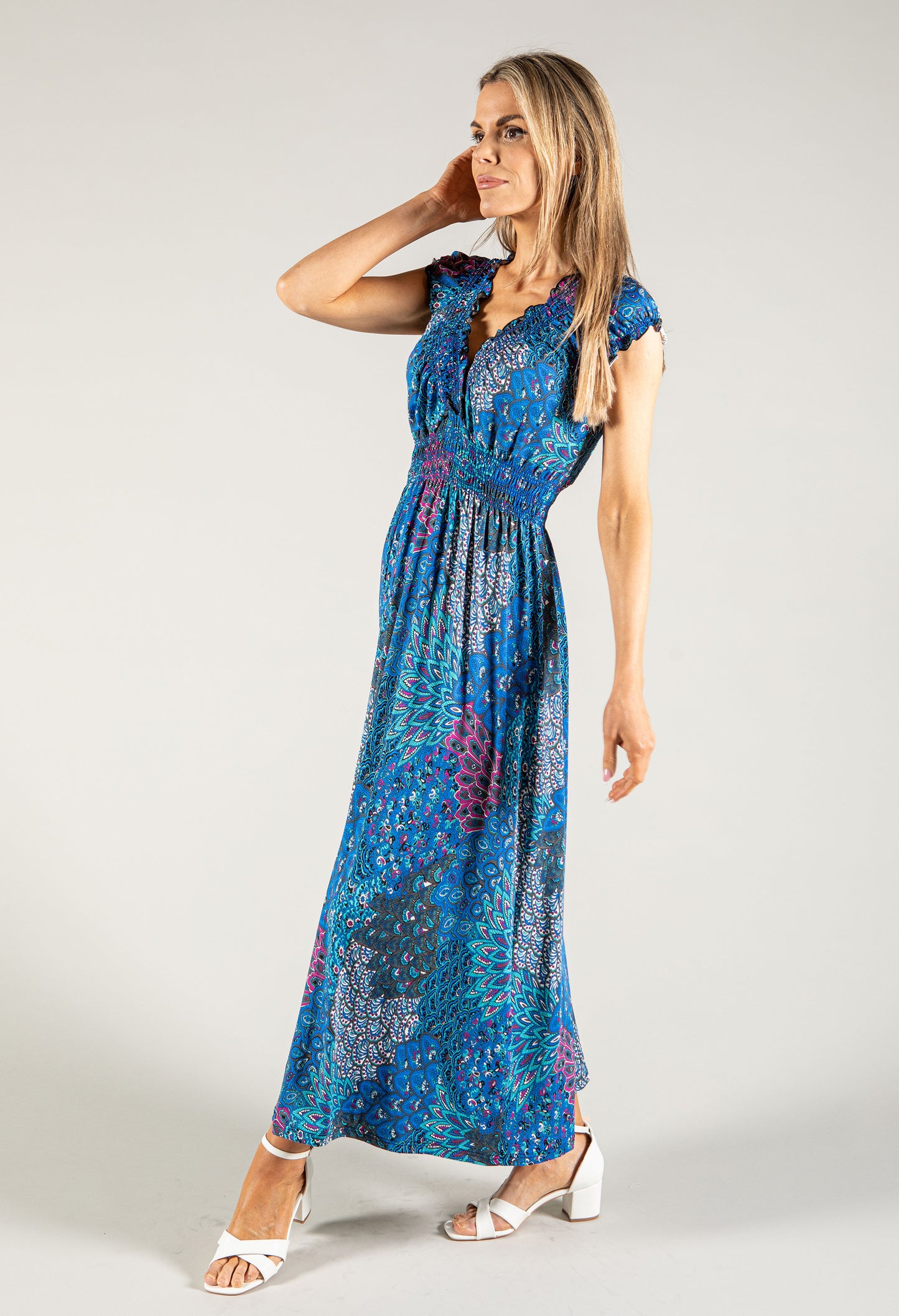 Peacock Print V Neck Dress