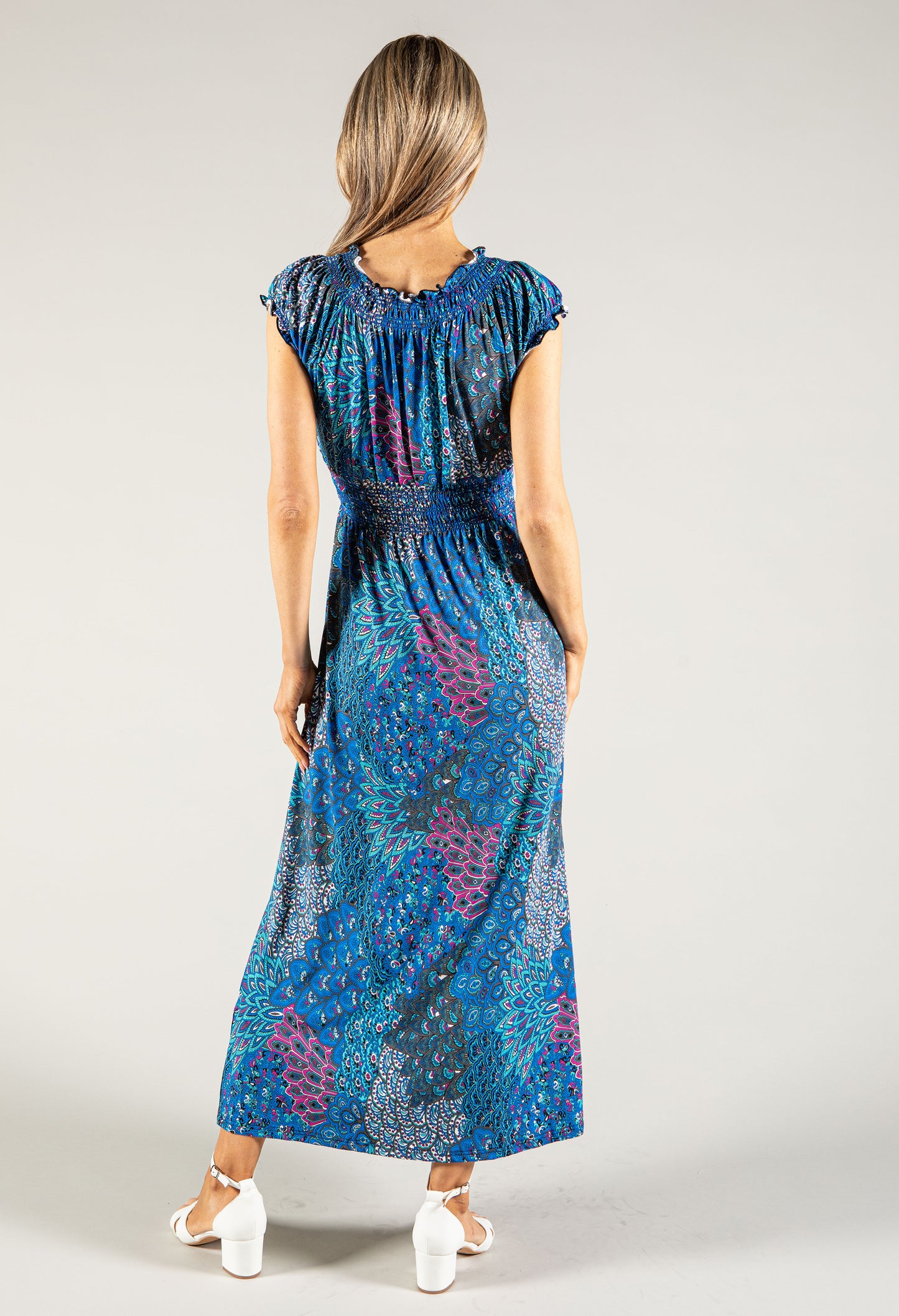 Peacock Print V Neck Dress