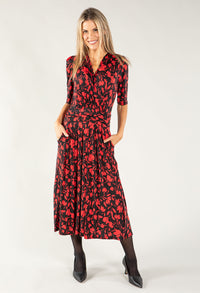 Leaf Print Wrap Bodice Midi Dress