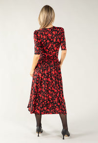 Leaf Print Wrap Bodice Midi Dress