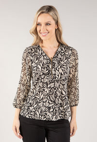 Leaf Print Zip V Neckline Top