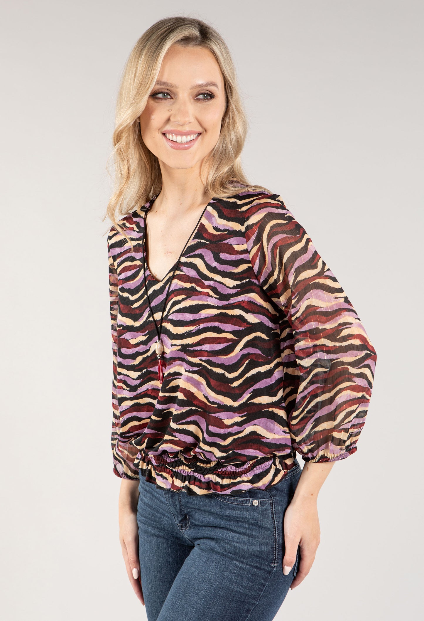 Zebra Print V Neck Top