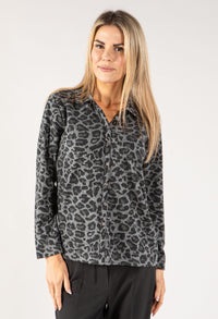 Leo Print Button Down Soft Knit Top