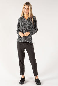 Leo Print Button Down Soft Knit Top