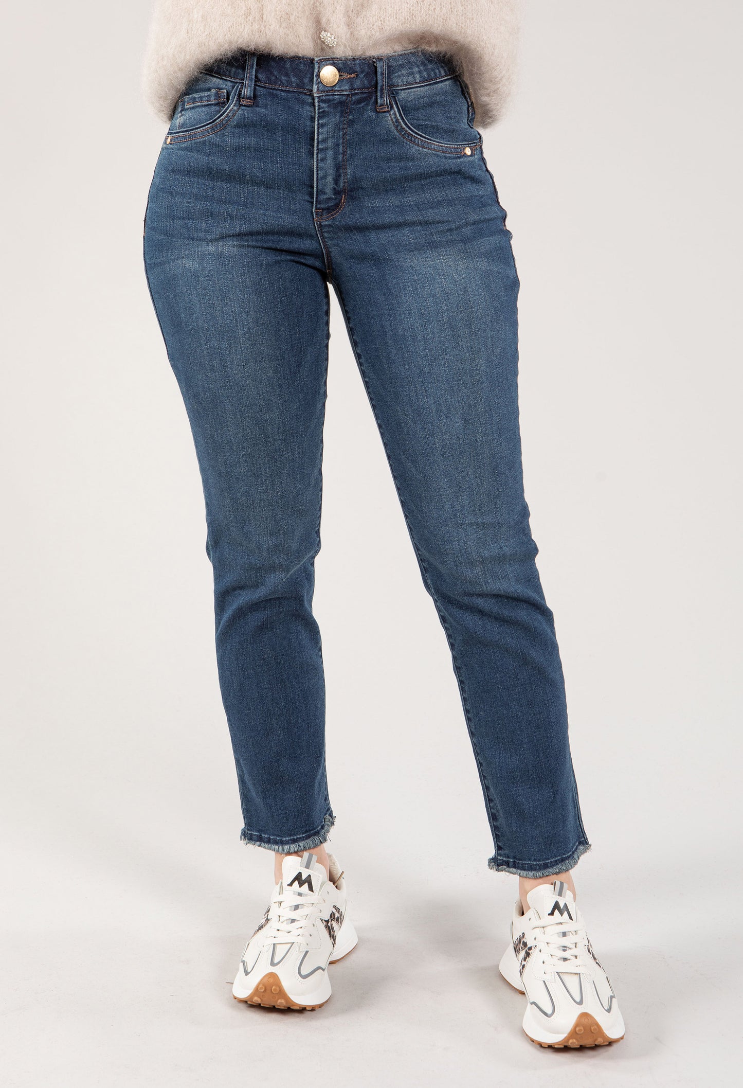 "Ab"solution High Rise Cascading Embroidered "D" Slim Straight Jean