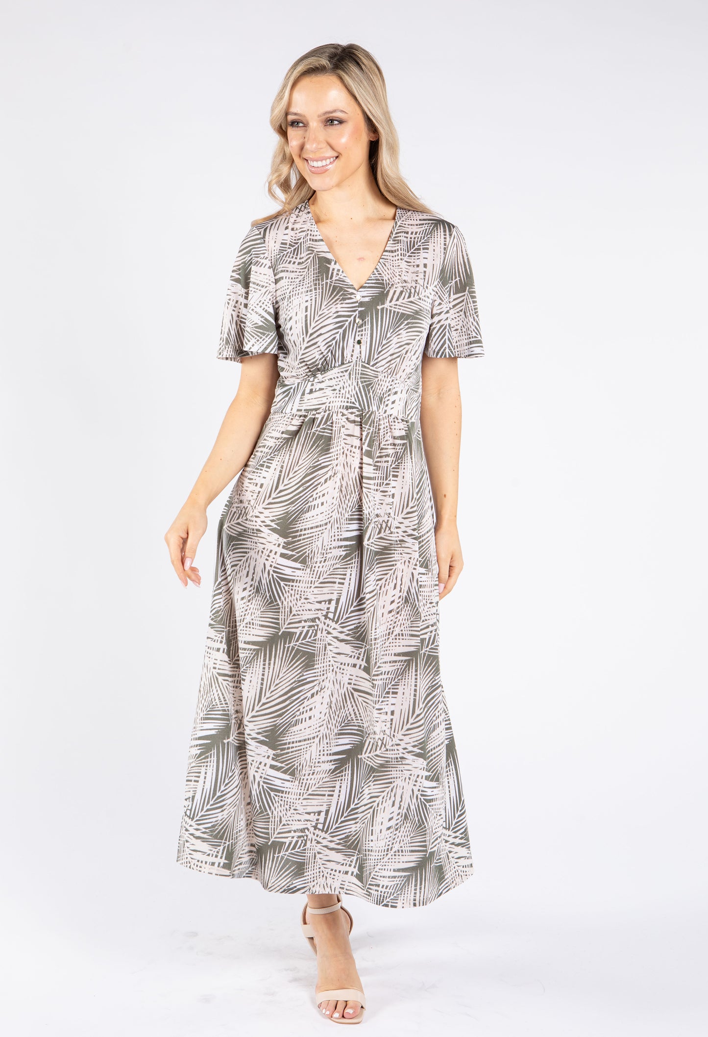 Palm Print V Neck Midi Dress