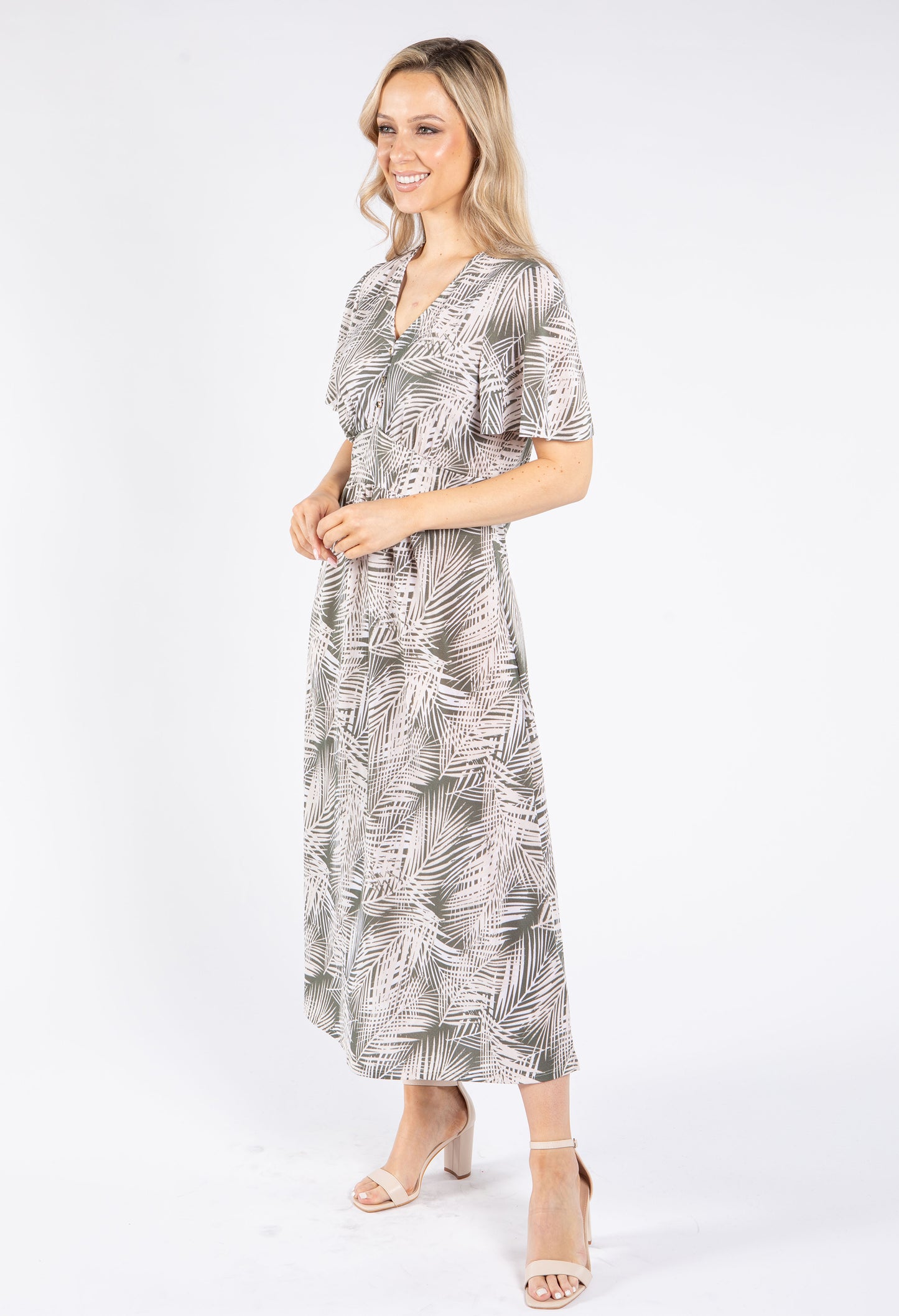 Palm Print V Neck Midi Dress