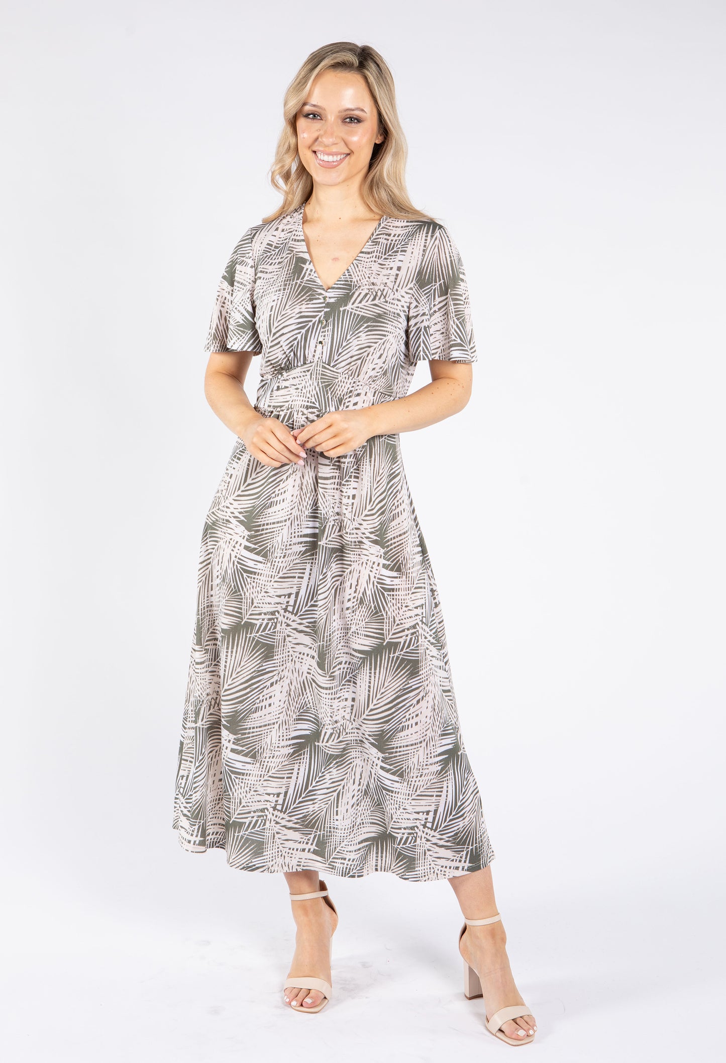 Palm Print V Neck Midi Dress