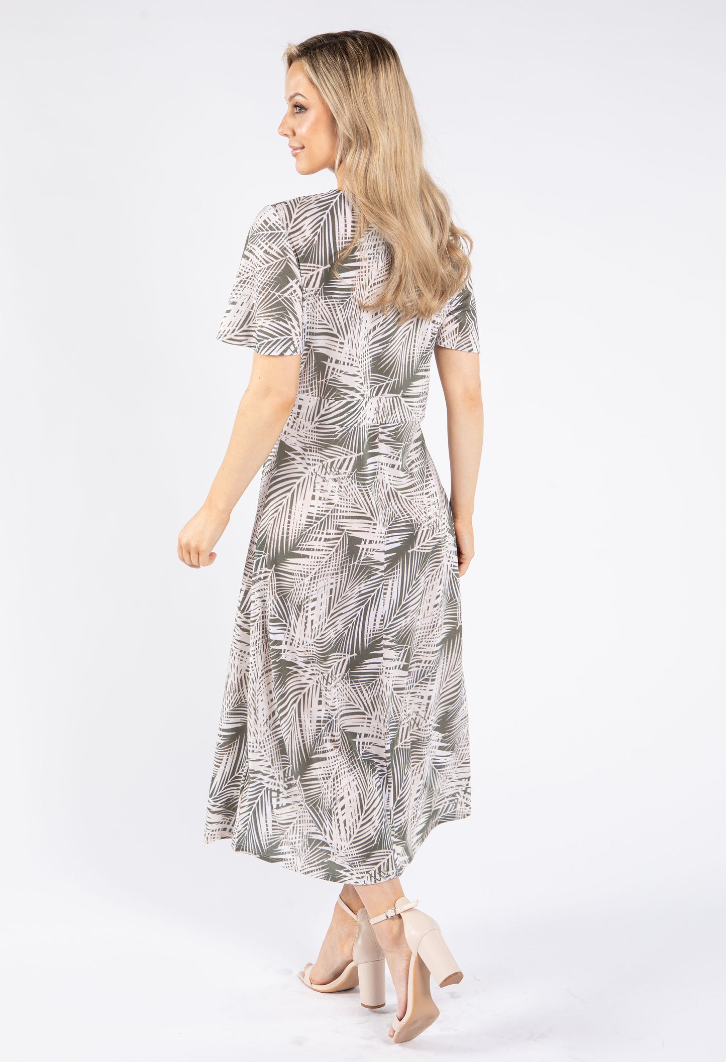 Palm Print V Neck Midi Dress