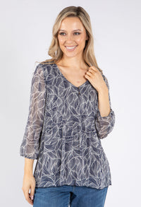 Plisse Pleated Leaf Print Top