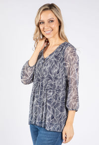 Plisse Pleated Leaf Print Top