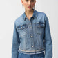 Casual Denim Jacket With Frayed Hem