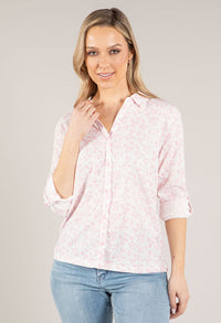 Soft Leaf Print Buttoned Blouse with Sleeves