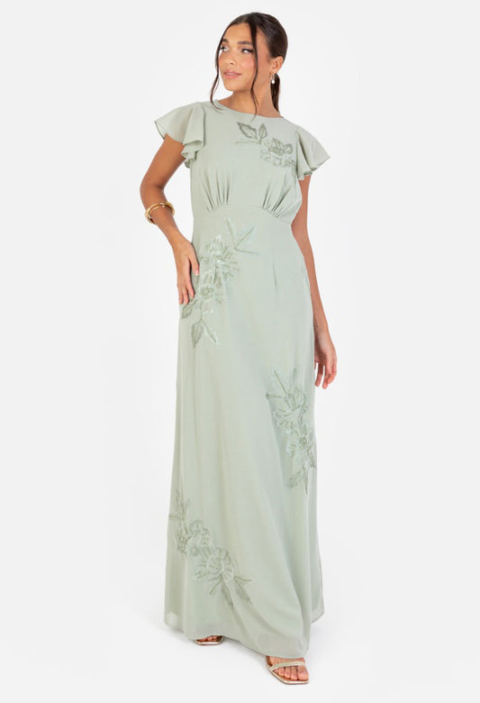 Sage Green Floral Embroidered Cowl Back Maxi Dress