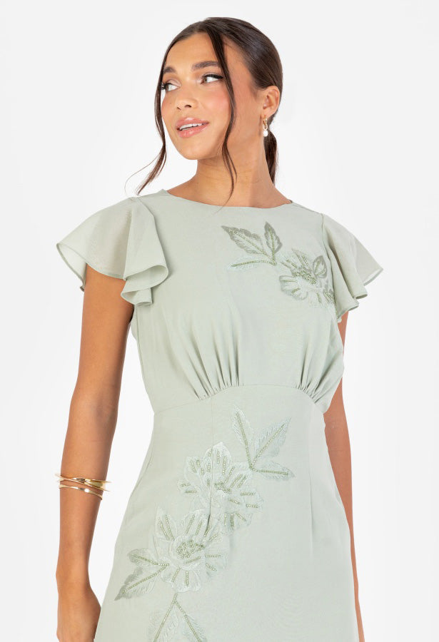 Sage Green Floral Embroidered Cowl Back Maxi Dress