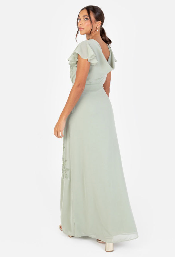 Sage Green Floral Embroidered Cowl Back Maxi Dress