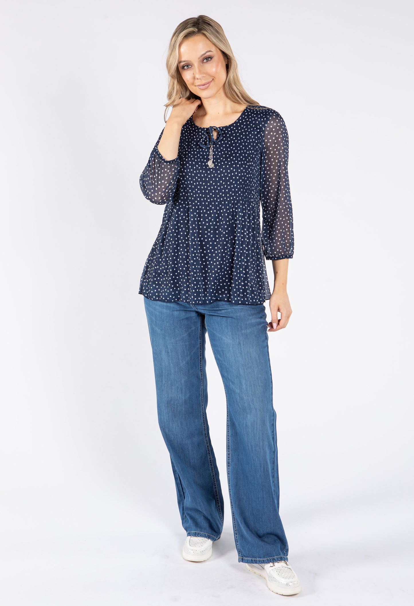 Plisse Pleated Polka Dot Top