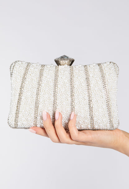 Pearl and Diamante Clutch Bag with Diamante Fascinator