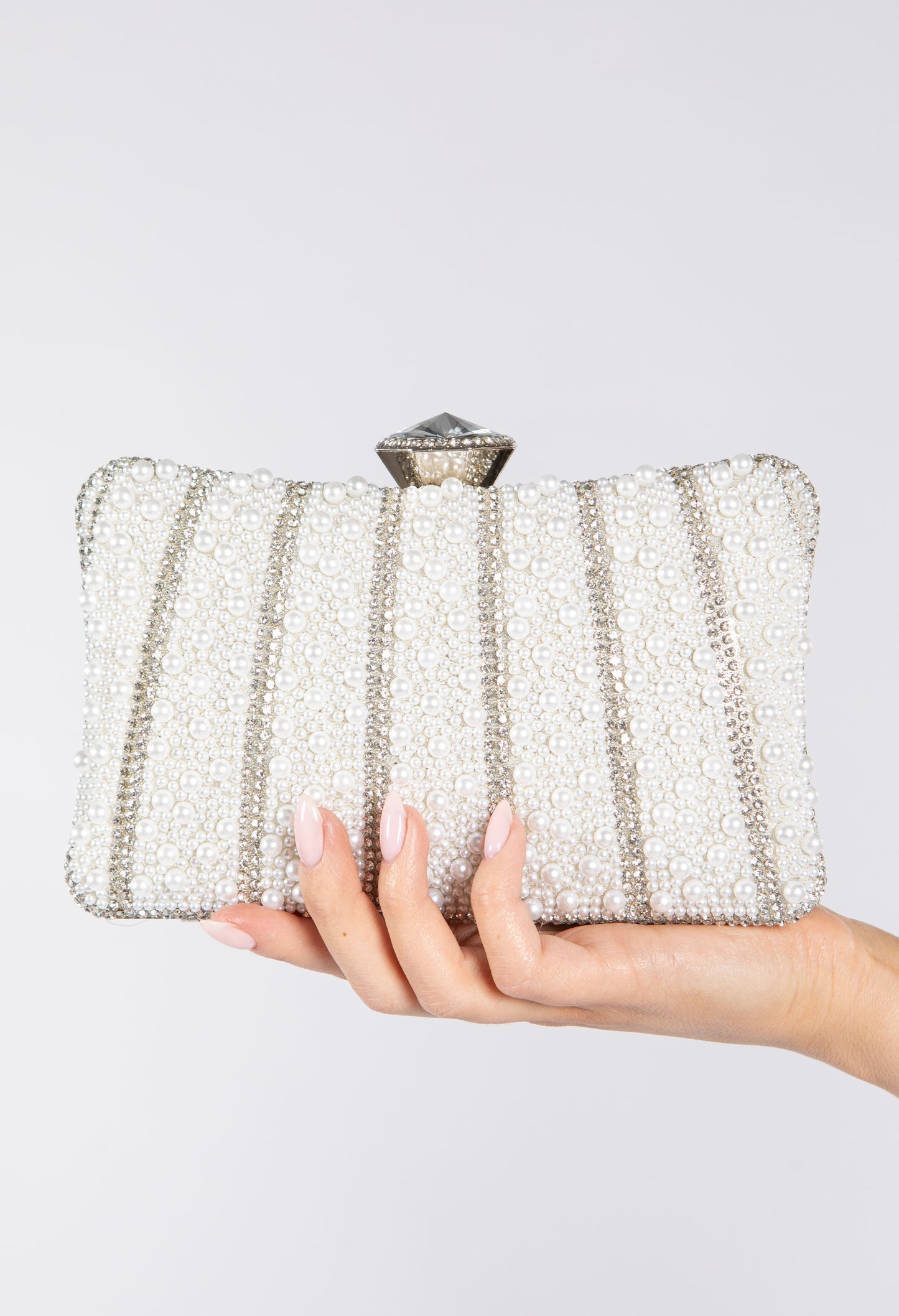 Pearl and Diamante Clutch Bag with Diamante Fascinator