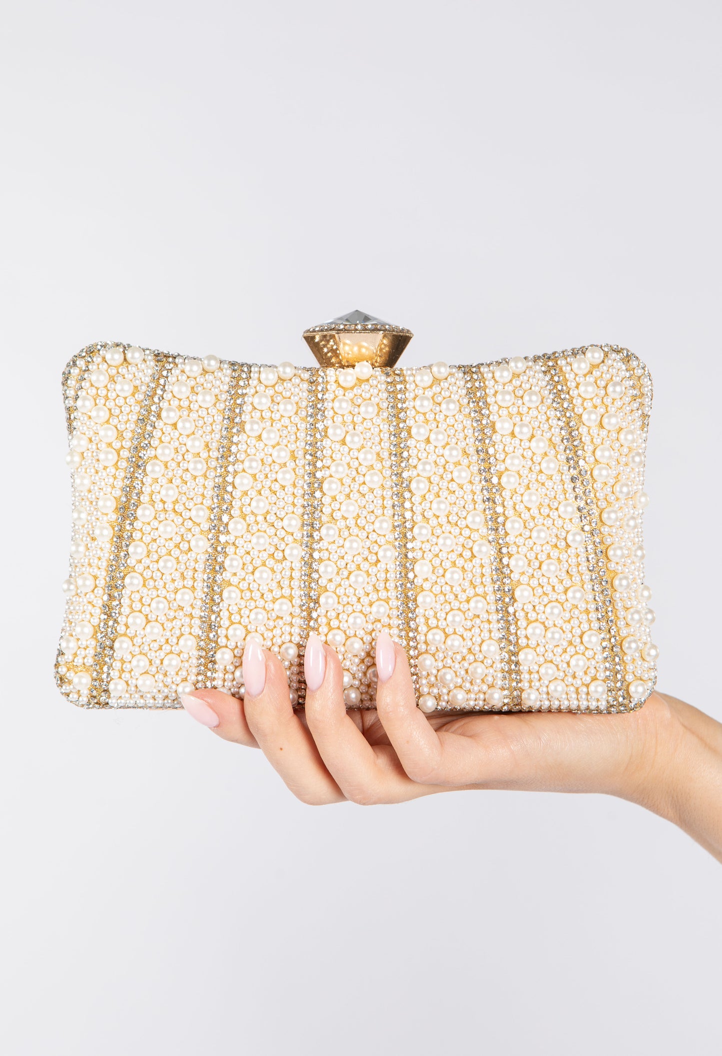 Pearl and Diamante Clutch Bag with Diamante Fascinator