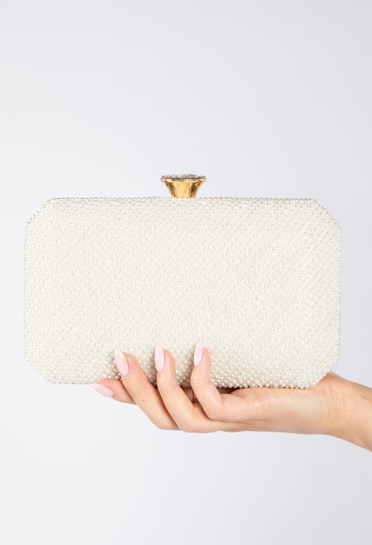 Luxury Pearl Clutch Bag with Crystal Fastener