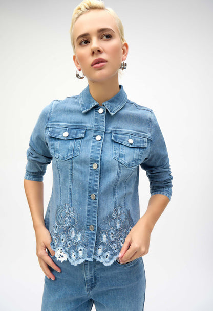 Collared Denim Top With Embellishments