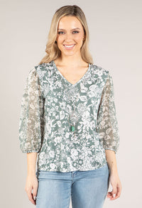 Floral Print V Neck Top With Chain Detail