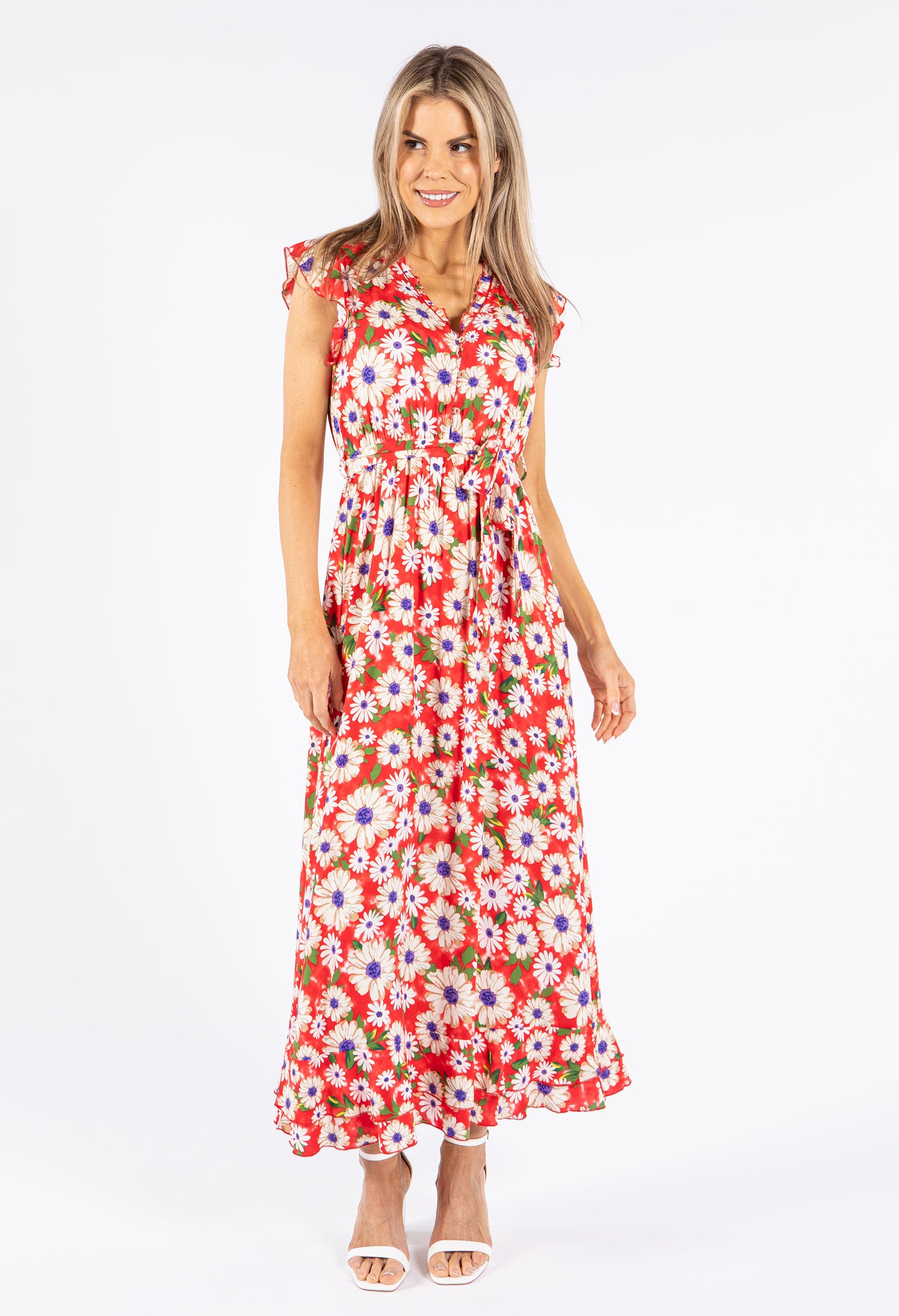 Daisy Print Frill Neckline Maxi Dress