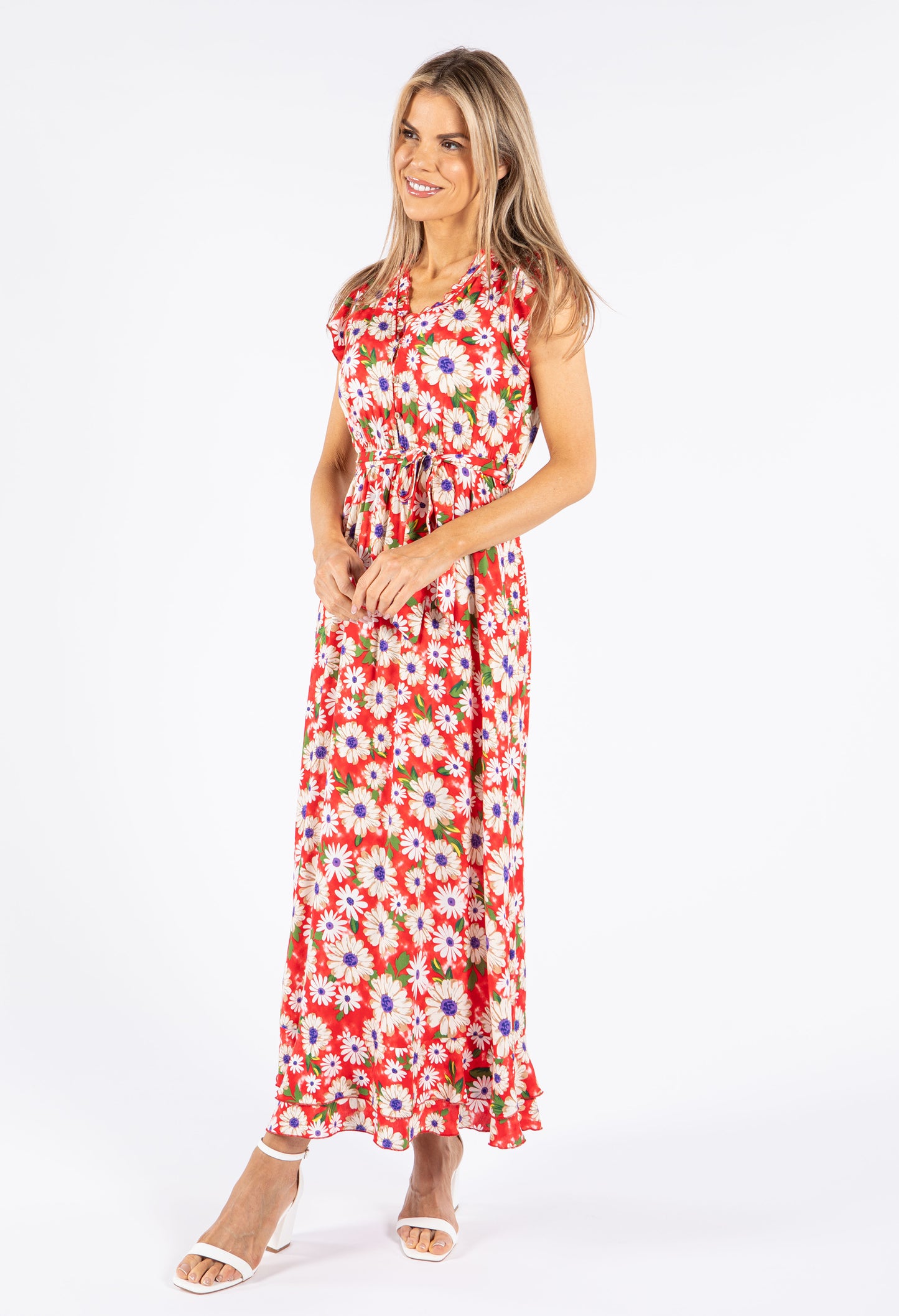 Daisy Print Frill Neckline Maxi Dress