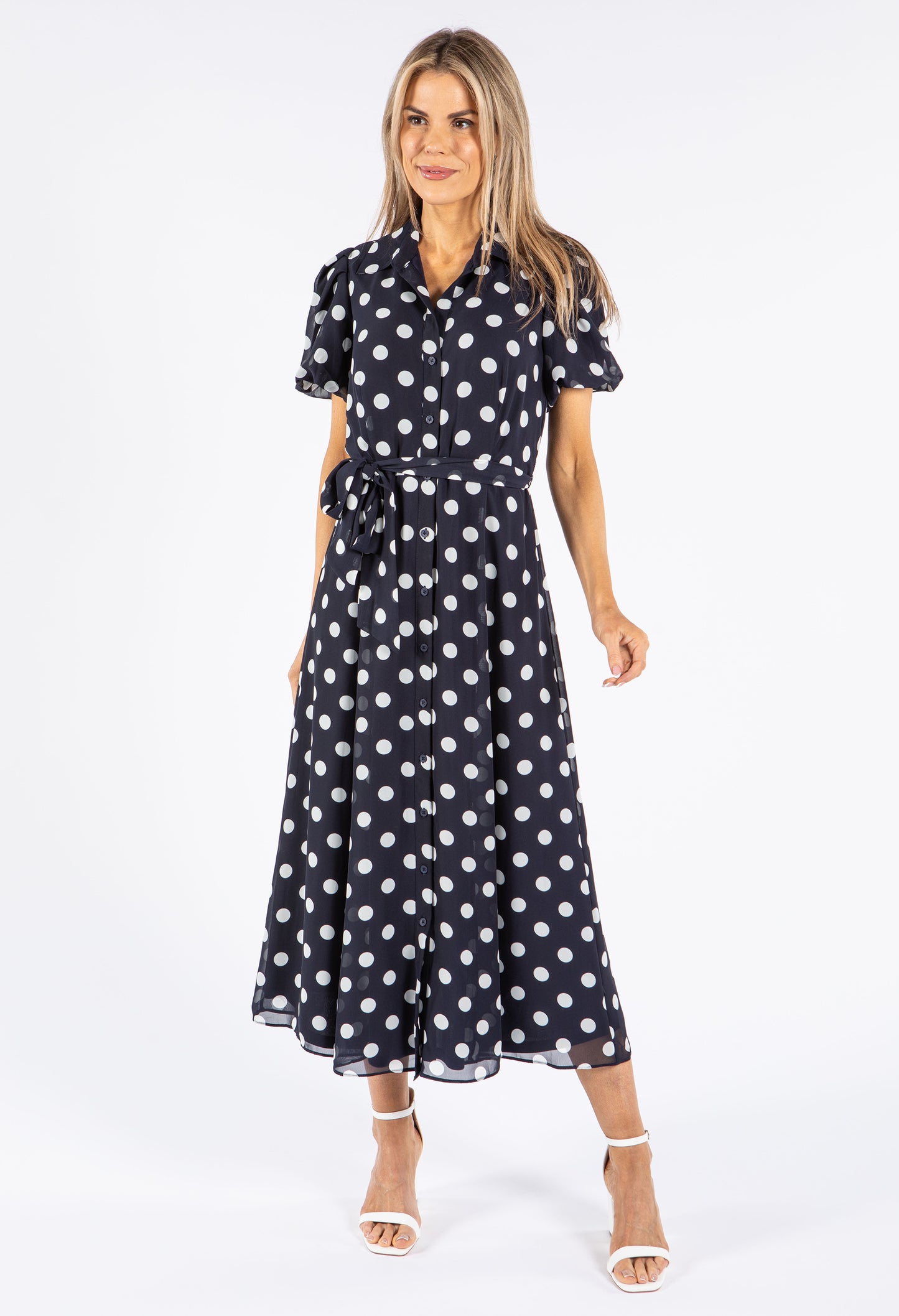 Puff Sleeve Polka Dot Shirt Dress