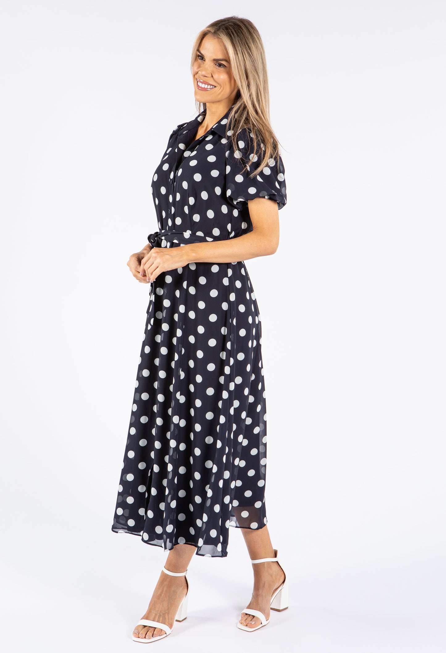 Puff Sleeve Polka Dot Shirt Dress