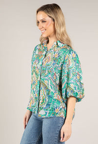 Leaf Print Balloon Sleeve Blouse