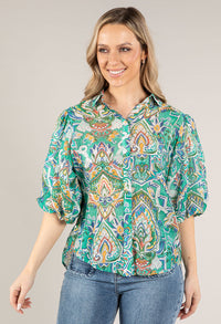 Leaf Print Balloon Sleeve Blouse