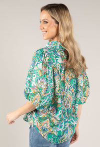 Leaf Print Balloon Sleeve Blouse