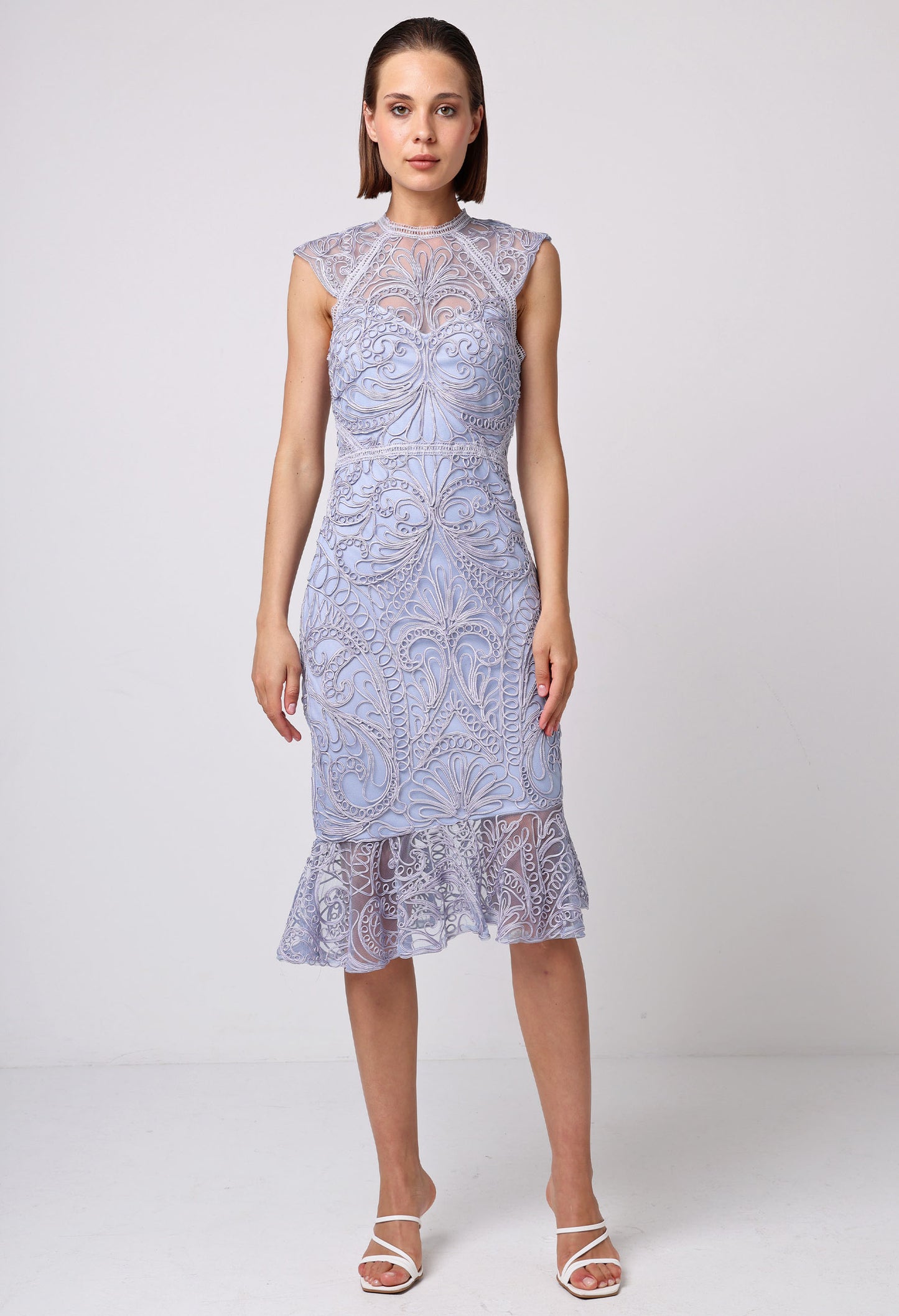 Lace Midi Dress with Frill Hem