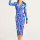 Plunge Neck Faux Wrap Print Midi Dress