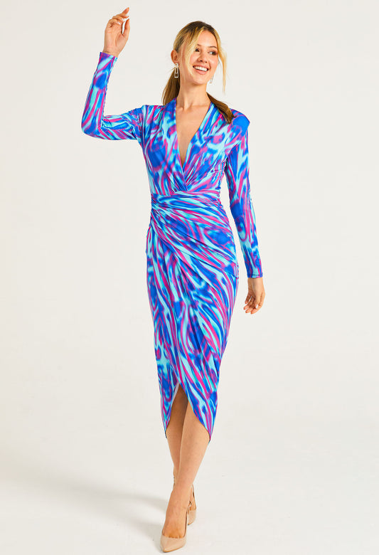 Plunge Neck Faux Wrap Print Midi Dress