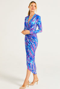 Plunge Neck Faux Wrap Print Midi Dress