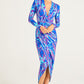 Plunge Neck Faux Wrap Print Midi Dress