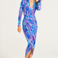 Plunge Neck Faux Wrap Print Midi Dress