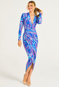 Plunge Neck Faux Wrap Print Midi Dress