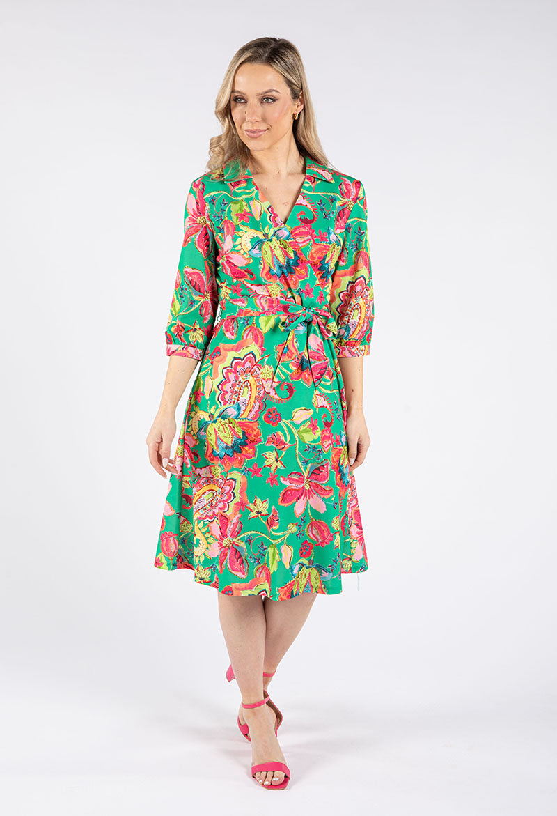 Faux Wrap Floral Paisley Print Dress