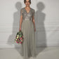 SOFT GREY V NECK SEQUIN AND TULLE DRESS WITH TIE WAIST