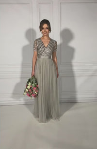 SOFT GREY V NECK SEQUIN AND TULLE DRESS WITH TIE WAIST